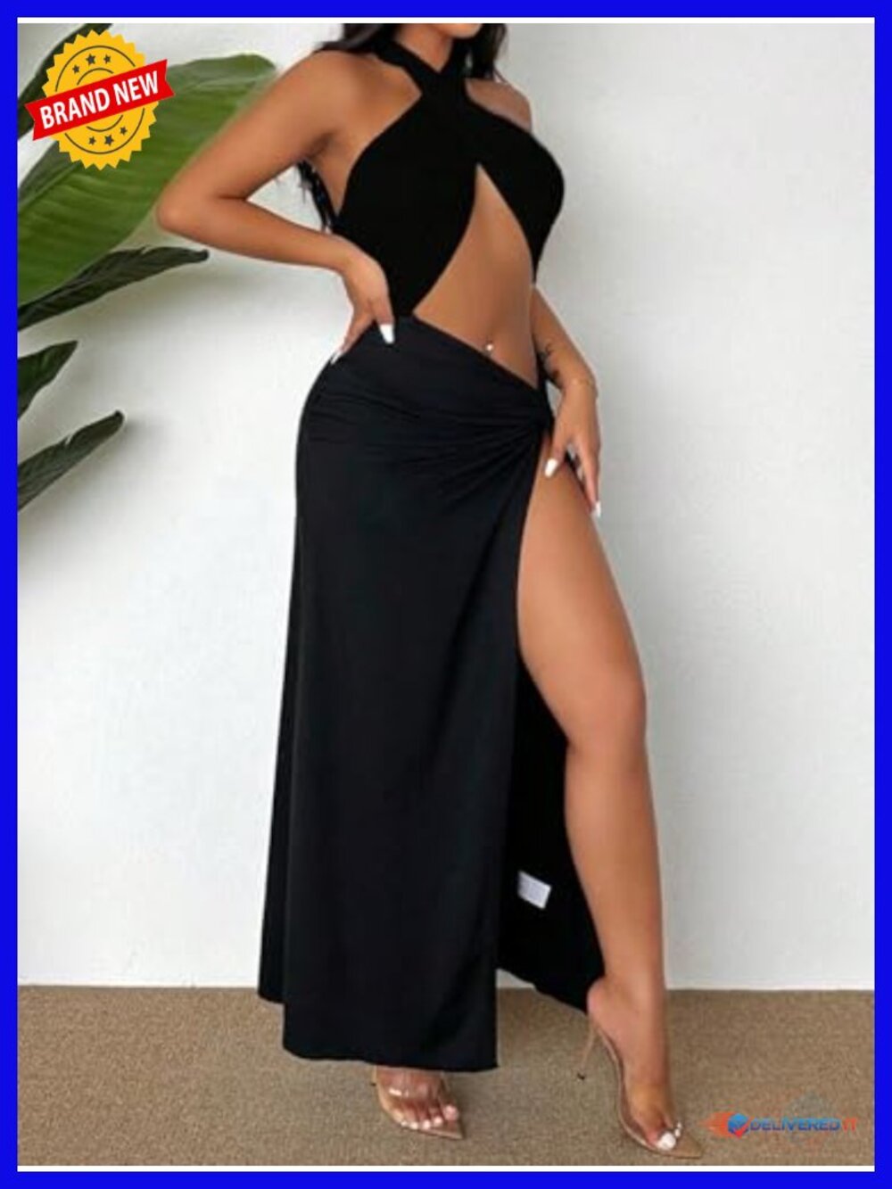 Sleeveless Halter Neck Backless Twist Front Maxi Dress with Split Thigh - Picture 2 of 4